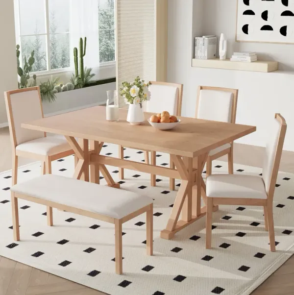 Topmax - 6 Piece Farmhouse Classical Dining Table Set With Trestle Legs, Kitchen Table Set For 6 With 4 Upholstered Dining Chairs And Bench