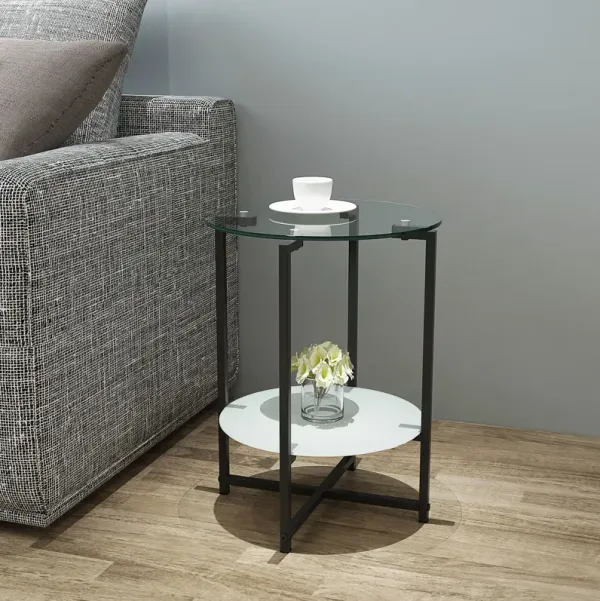 2-Layer Tempered Glass End Table, Round Coffee Table For Living Room - White / Black