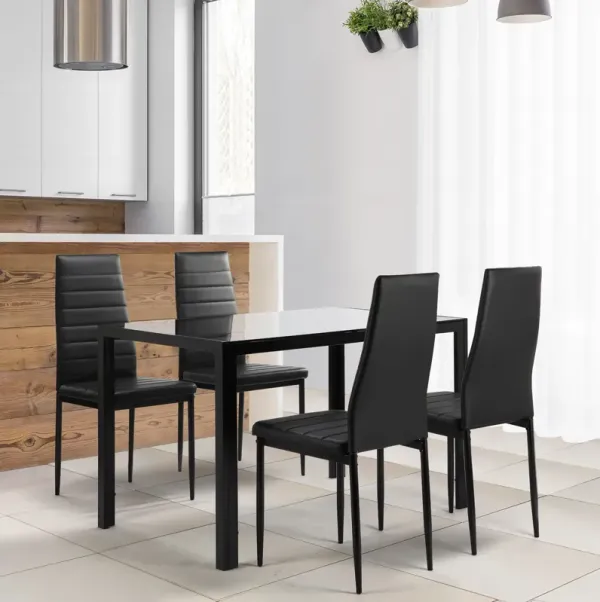 5 Pieces Dining Table Set For 4, Kitchen Room Tempered Glass Dining Table, 4 Faux Leather Chairs - Black
