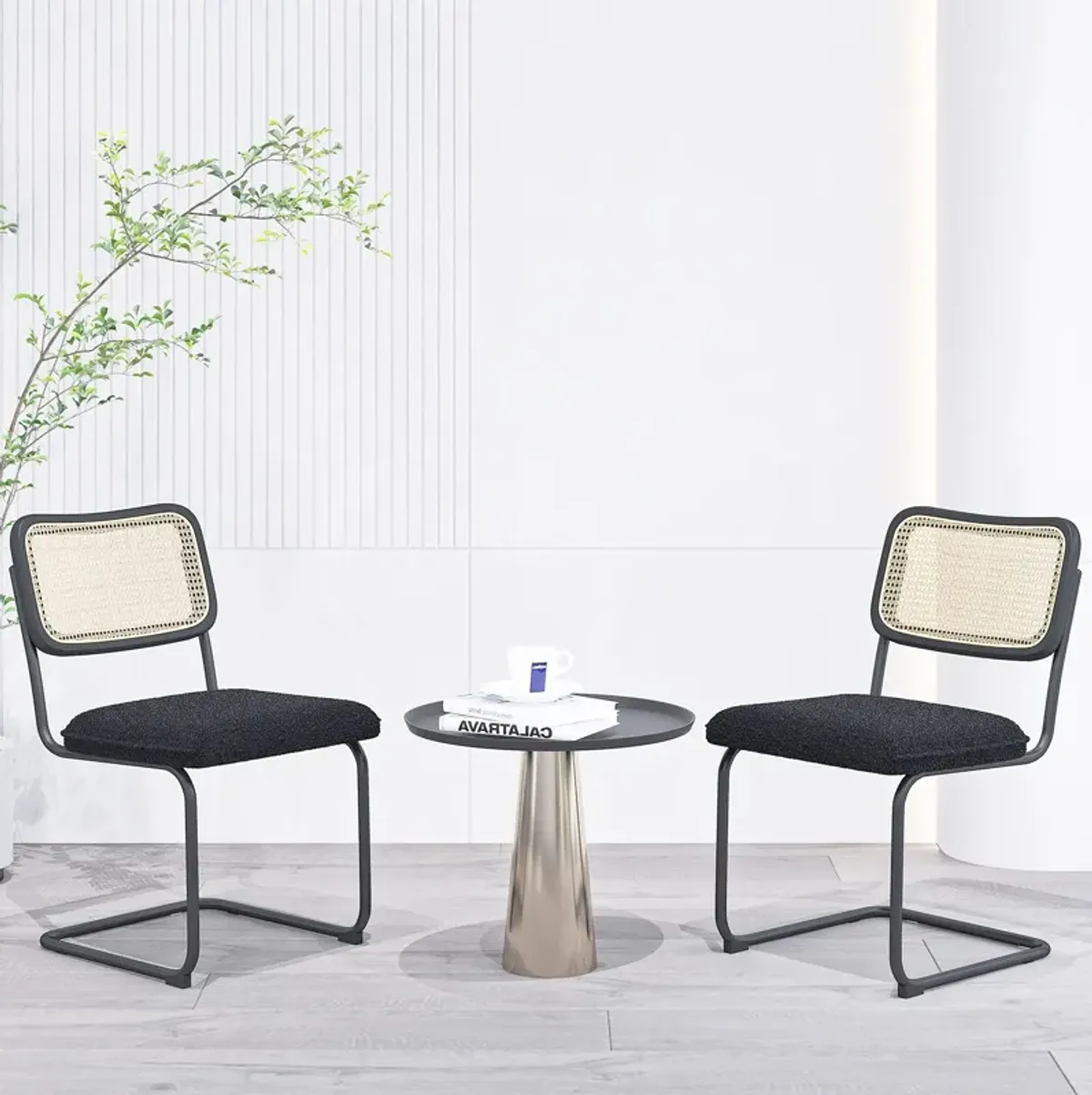 Teddy Velvet Dining Chair With High-Density Sponge, Rattan Chair (Set of 2) For Dining Room, Living Room - Black