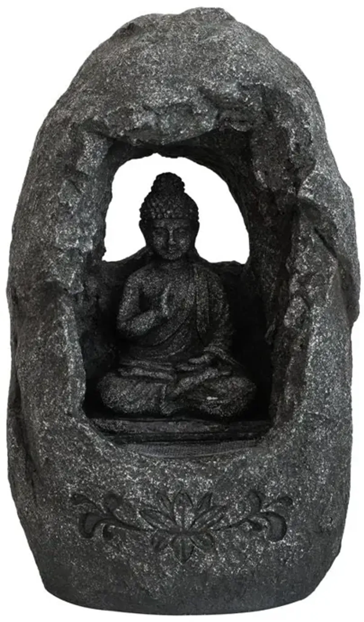 Decorative Tabletop Water Fountain With Sitting Buddha And LED Light, For Indoor Outdoor - Gray