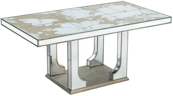 Large Mirrored Dining Table With Elegant Floral Design And - Silver Multi