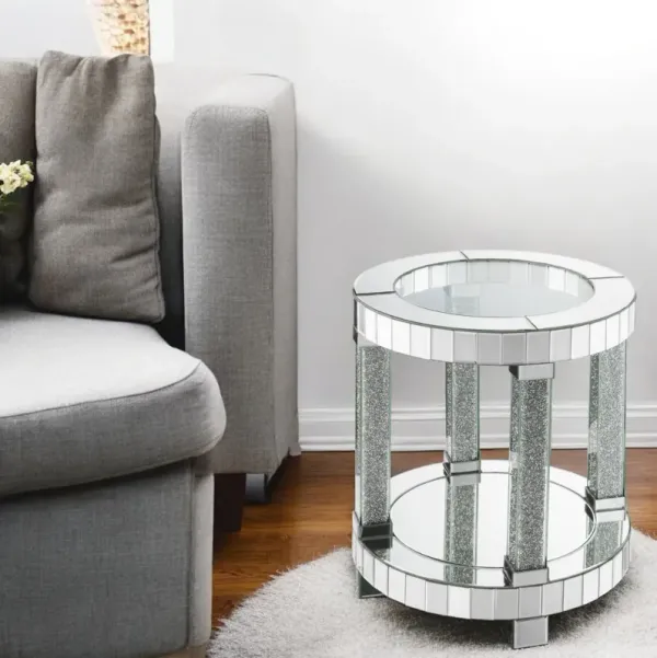 Noralie - Mirrored Faux Diamonds Round End Table - Silver