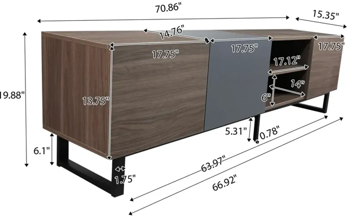 Modern TV With 3 Cabinets & Open Shelves, Color-Matching Media Console Table For Tvs Up To 80'', Entertainment Center With Drop Down Door For Living Room - Dark Brown
