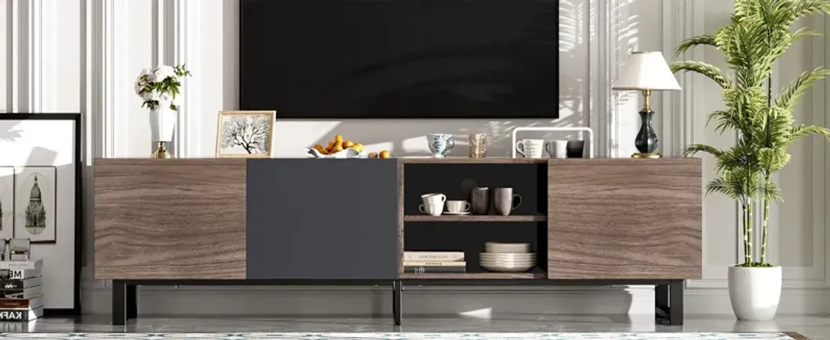 Modern TV With 3 Cabinets & Open Shelves, Color-Matching Media Console Table For Tvs Up To 80'', Entertainment Center With Drop Down Door For Living Room - Dark Brown