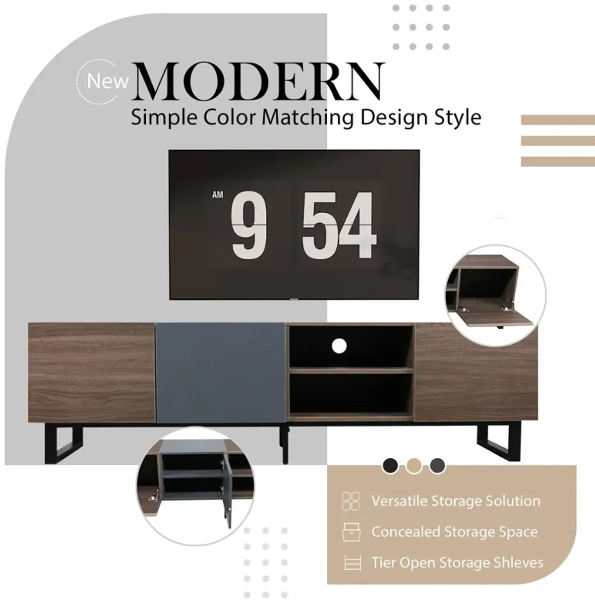 Modern TV With 3 Cabinets & Open Shelves, Color-Matching Media Console Table For Tvs Up To 80'', Entertainment Center With Drop Down Door For Living Room - Dark Brown
