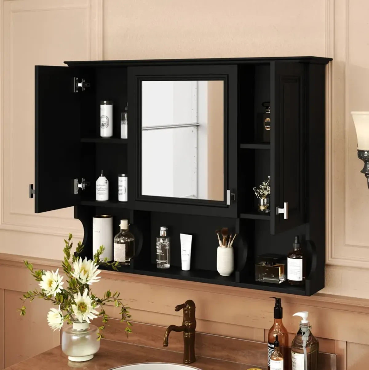 Wall Mounted Bathroom Medicine Wall Cabinet With Mirror & Open Shelves
