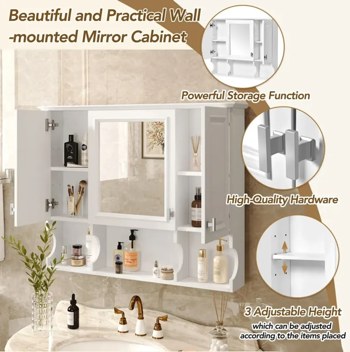 Wall Mounted Bathroom Medicine Wall Cabinet With Mirror & Open Shelves