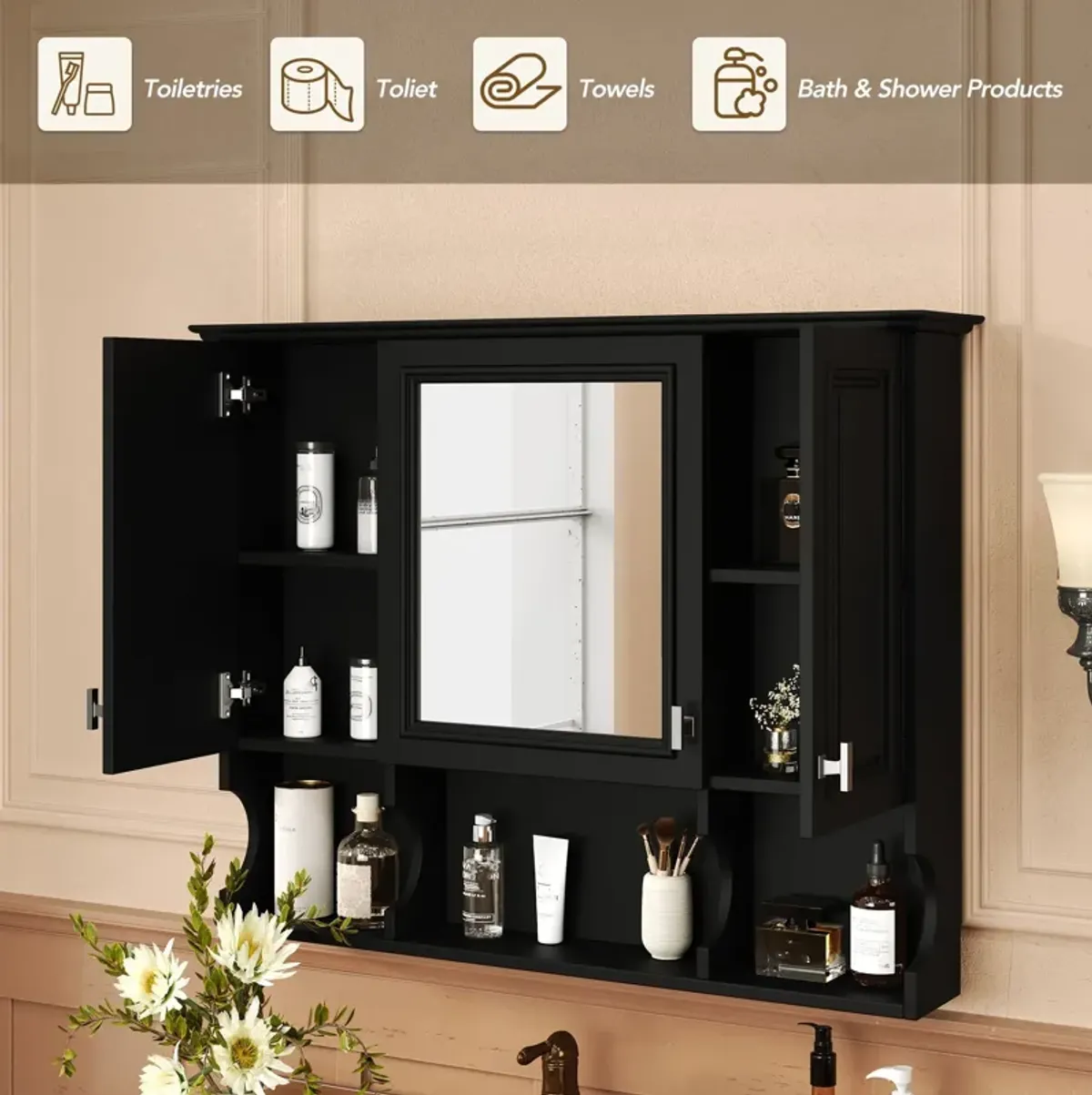 Wall Mounted Bathroom Medicine Wall Cabinet With Mirror & Open Shelves