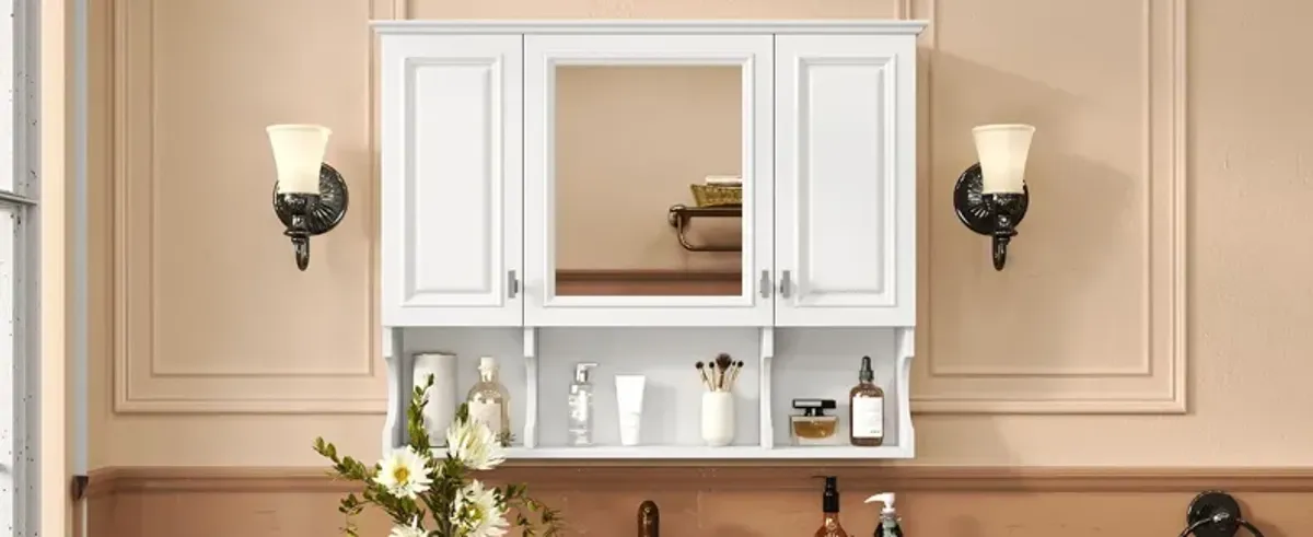 Wall Mounted Bathroom Medicine Wall Cabinet With Mirror & Open Shelves