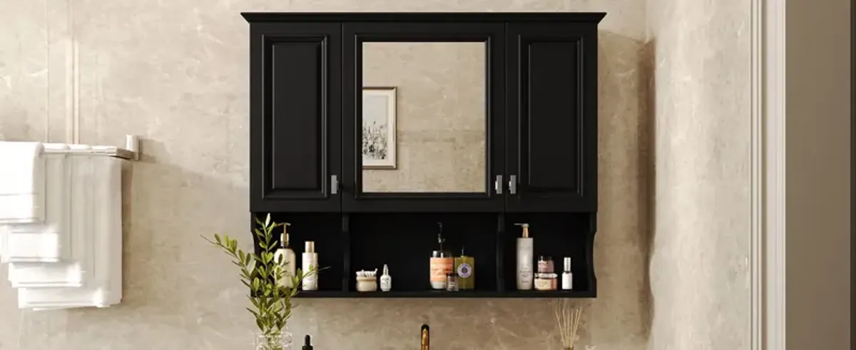 Wall Mounted Bathroom Medicine Wall Cabinet With Mirror & Open Shelves