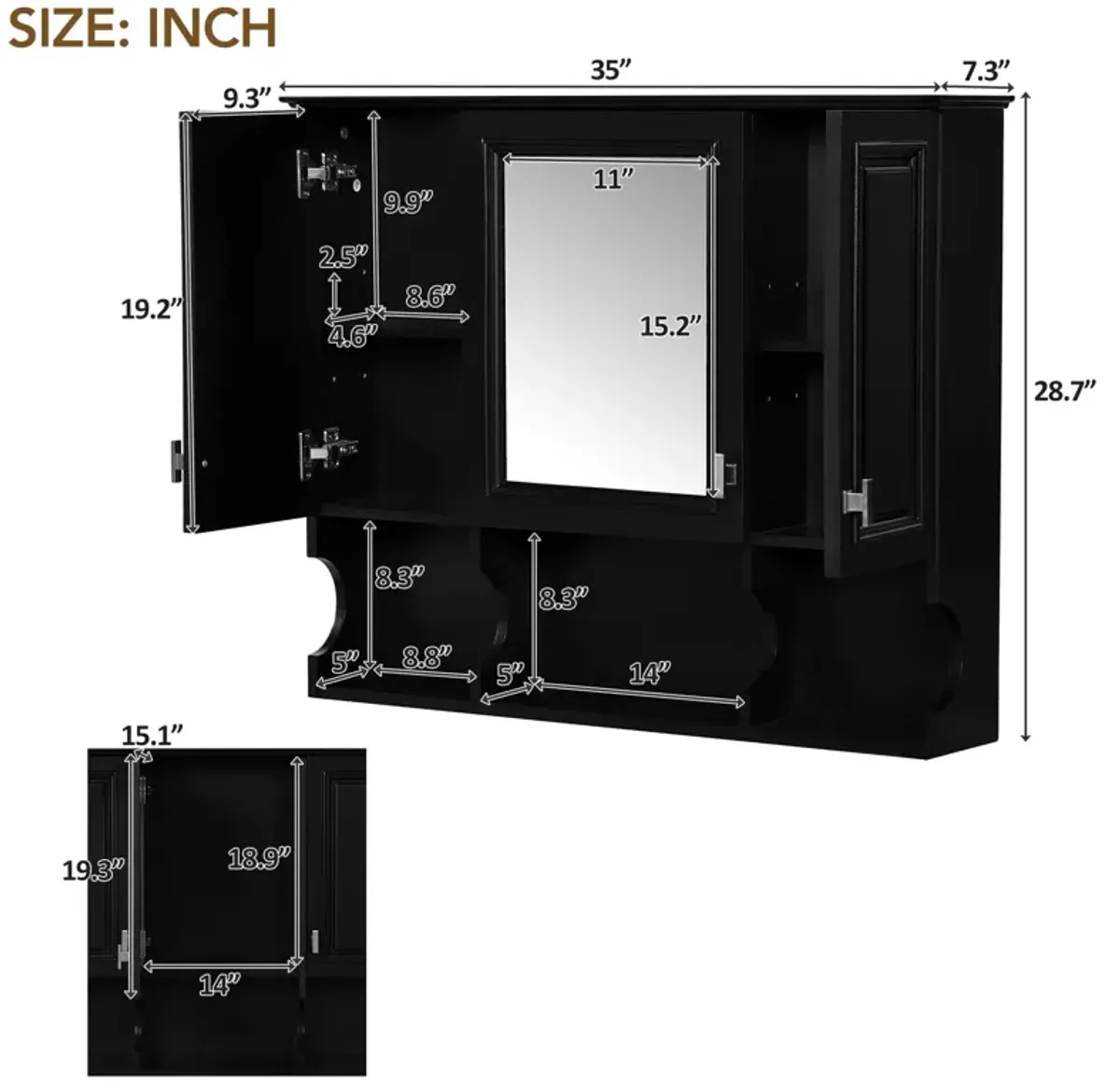 Wall Mounted Bathroom Medicine Wall Cabinet With Mirror & Open Shelves