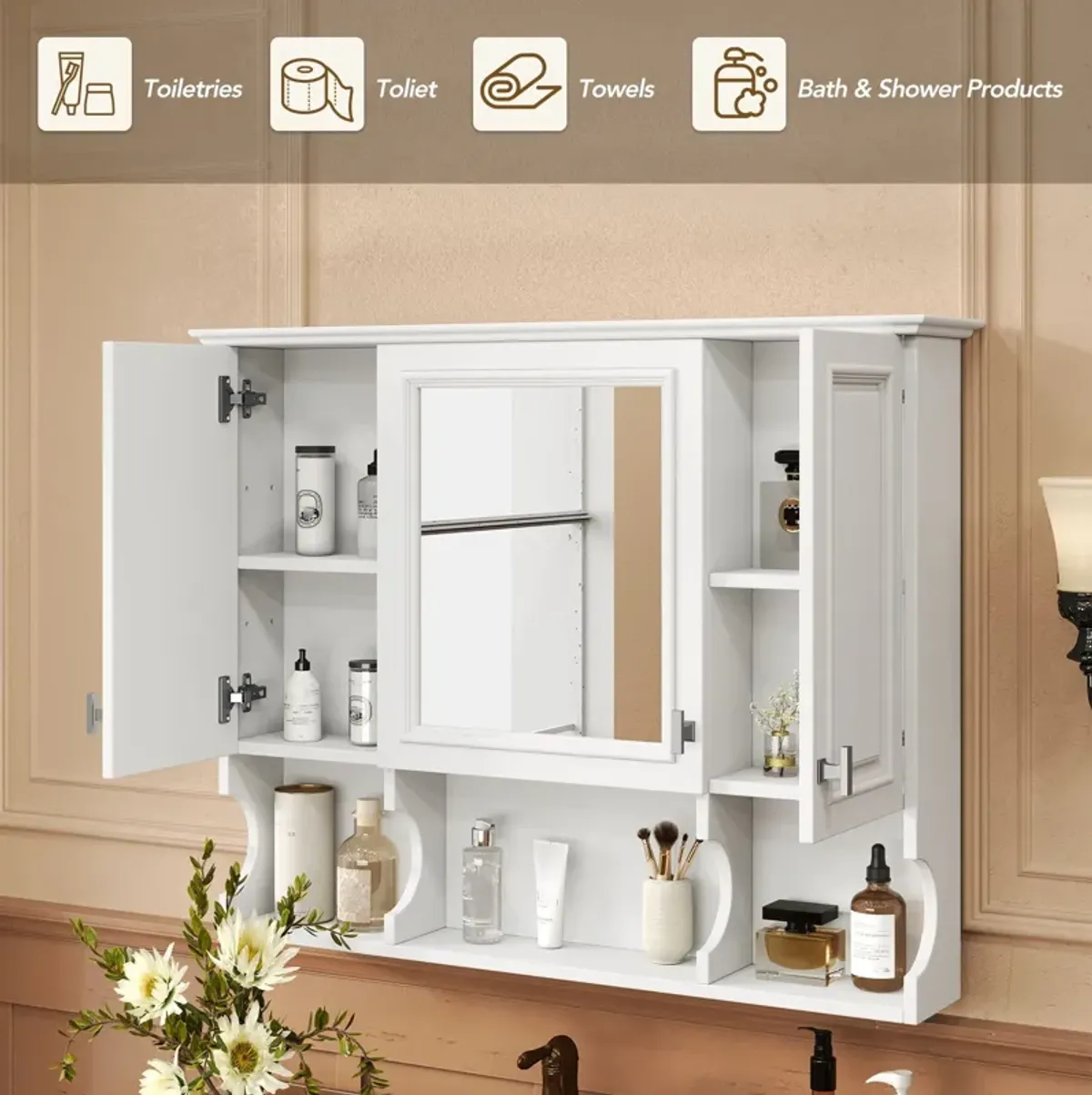 Wall Mounted Bathroom Medicine Wall Cabinet With Mirror & Open Shelves