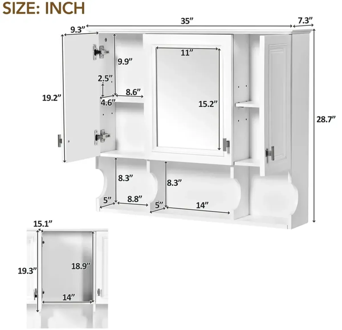 Wall Mounted Bathroom Medicine Wall Cabinet With Mirror & Open Shelves