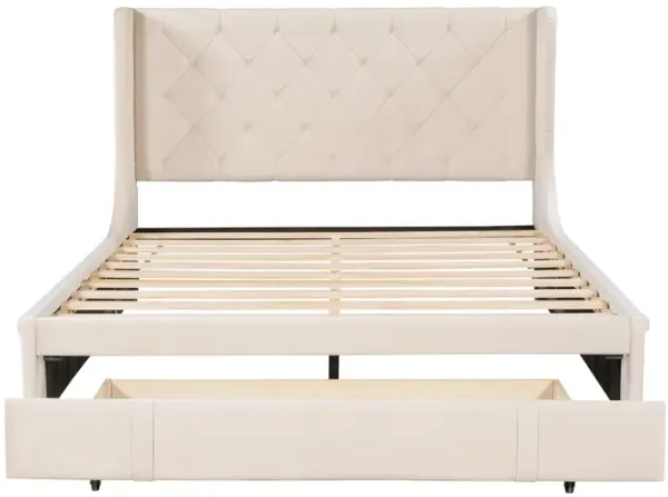 Storage Bed Velvet Upholstered Platform Bed With Wingback Headboard And A Big Drawer