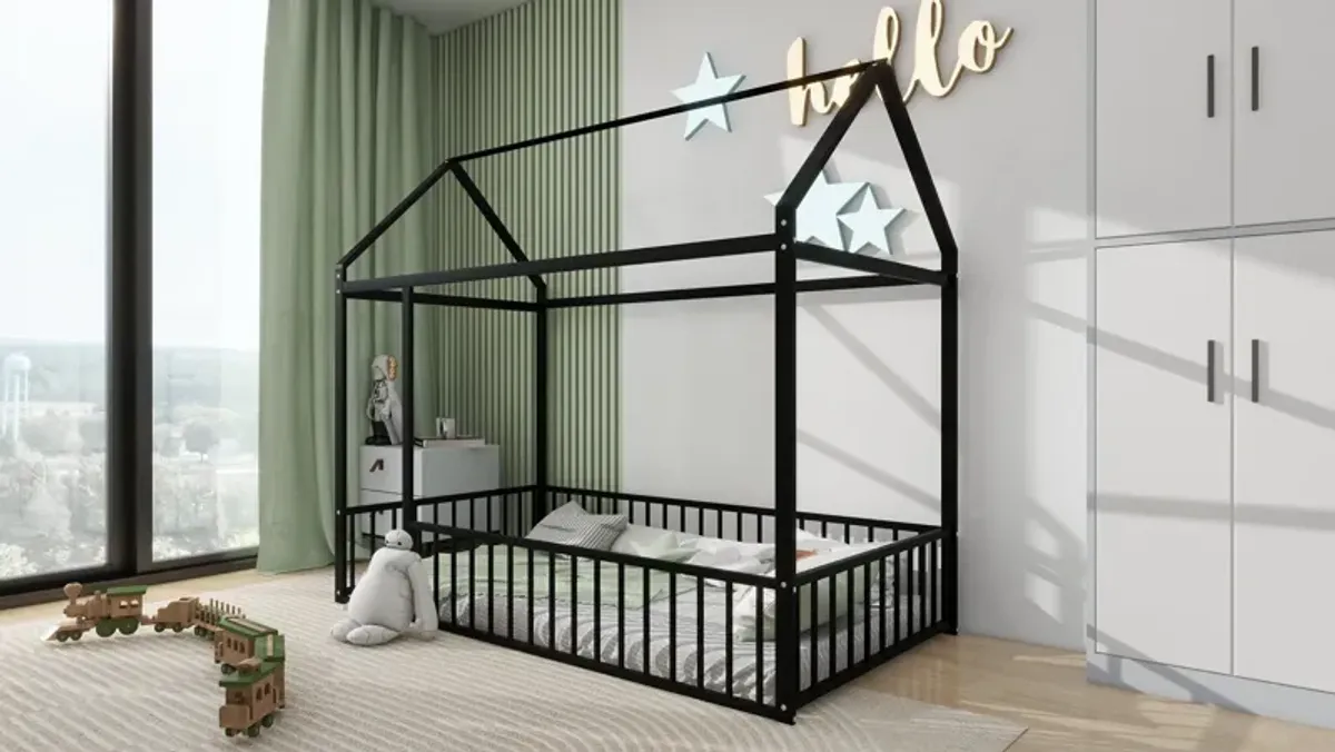 Metal Bed House Bed Frame With Fence