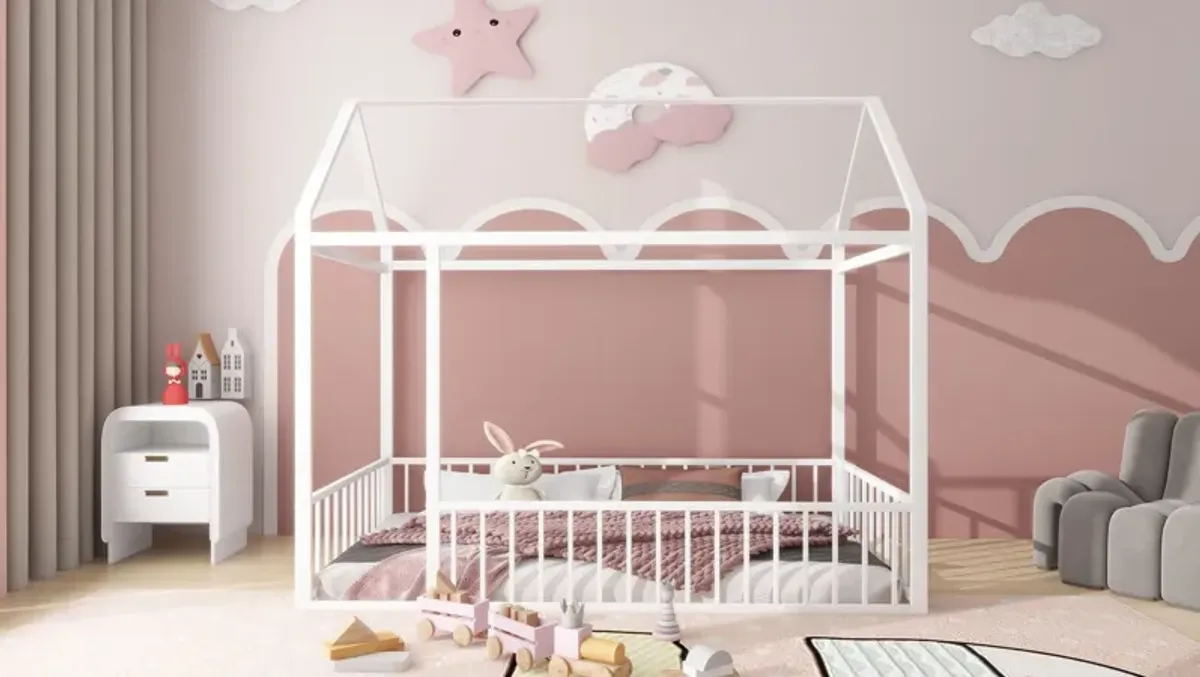 Metal Bed House Bed Frame With Fence