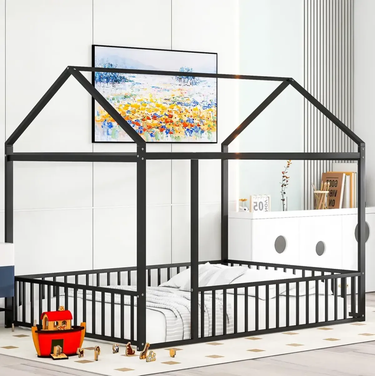 Metal Bed House Bed Frame With Fence
