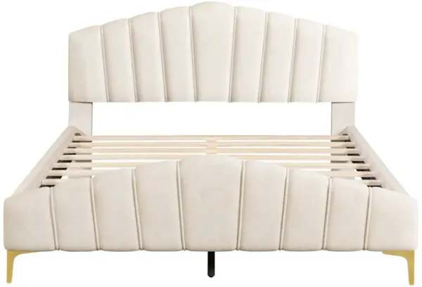 Platform Bed With Thick, Stylish Stripe Decorated Bedboard And Elegant Leg