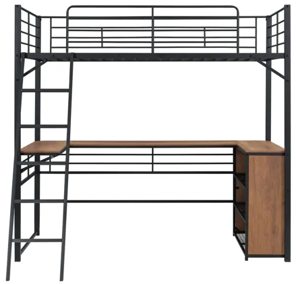Loft Bed & 3 Layers Of Shelves And L-Shaped Desk