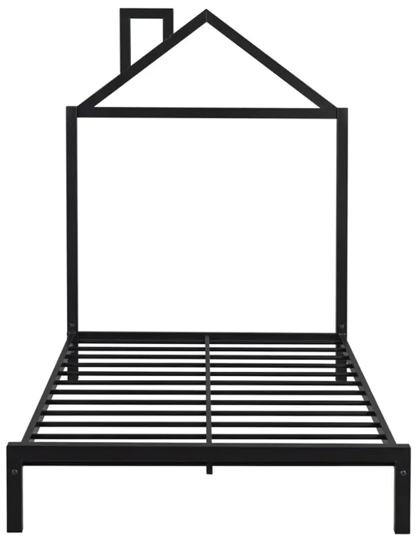 Metal Platform Bed With House-Shaped Headboard Design