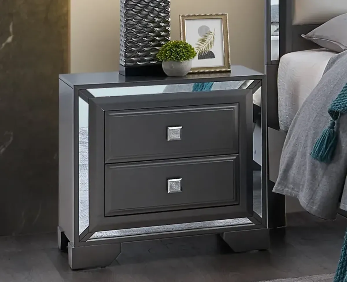 Metallic Black 2-Drawer Mirrored Nightstand