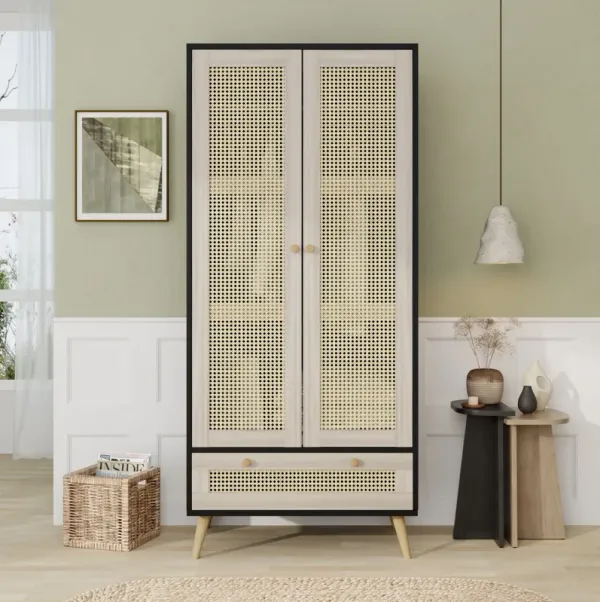 Tall Armoire Wardrobe Closet With 2 Rattan Doors & 1 Drawer, Boho Clothes Storage Cabinet With Hanging Rod For Bedroom - Natural / Black