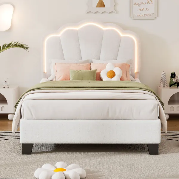 Upholstered Elegant Flowers Headboard With LED Light Strip, Platform Bed With Slats Support