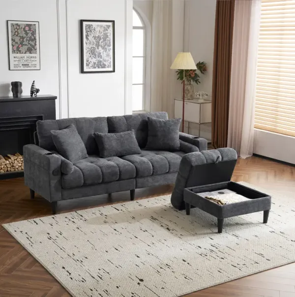 3 Seat L-Shaped Chenille Sofa With Removable And Storage Ottoman, Side Storage, And USB / C - Type Charging Ports Sofa For Living Room