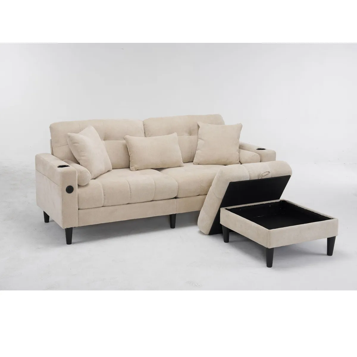3 Seat L-Shaped Chenille Sofa With Removable And Storage Ottoman, Side Storage, And USB / C - Type Charging Ports Sofa For Living Room