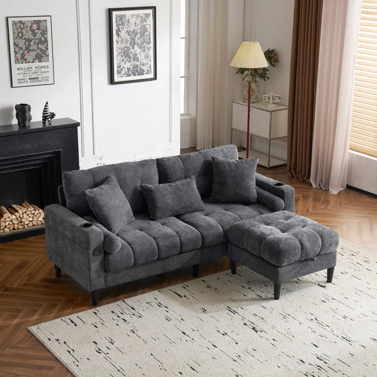 3 Seat L-Shaped Chenille Sofa With Removable And Storage Ottoman, Side Storage, And USB / C - Type Charging Ports Sofa For Living Room