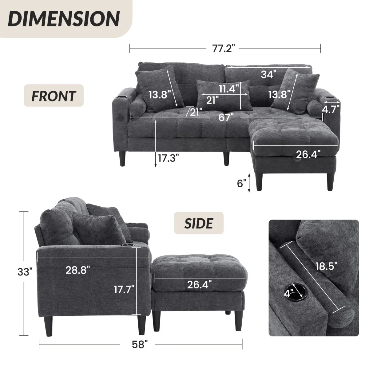 3 Seat L-Shaped Chenille Sofa With Removable And Storage Ottoman, Side Storage, And USB / C - Type Charging Ports Sofa For Living Room