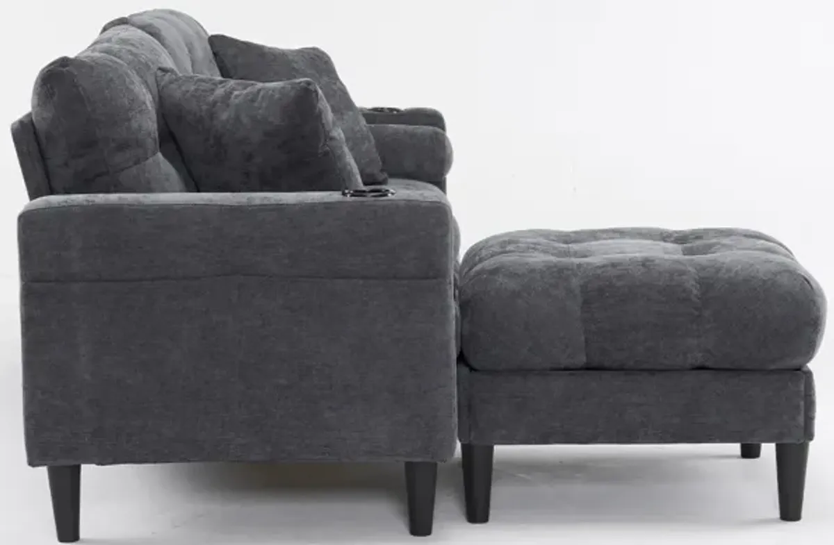 3 Seat L-Shaped Chenille Sofa With Removable And Storage Ottoman, Side Storage, And USB / C - Type Charging Ports Sofa For Living Room