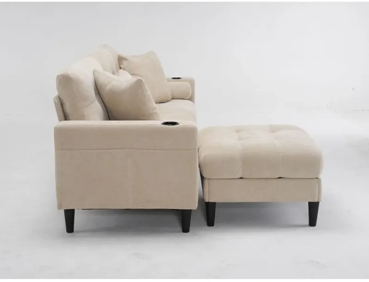 3 Seat L-Shaped Chenille Sofa With Removable And Storage Ottoman, Side Storage, And USB / C - Type Charging Ports Sofa For Living Room
