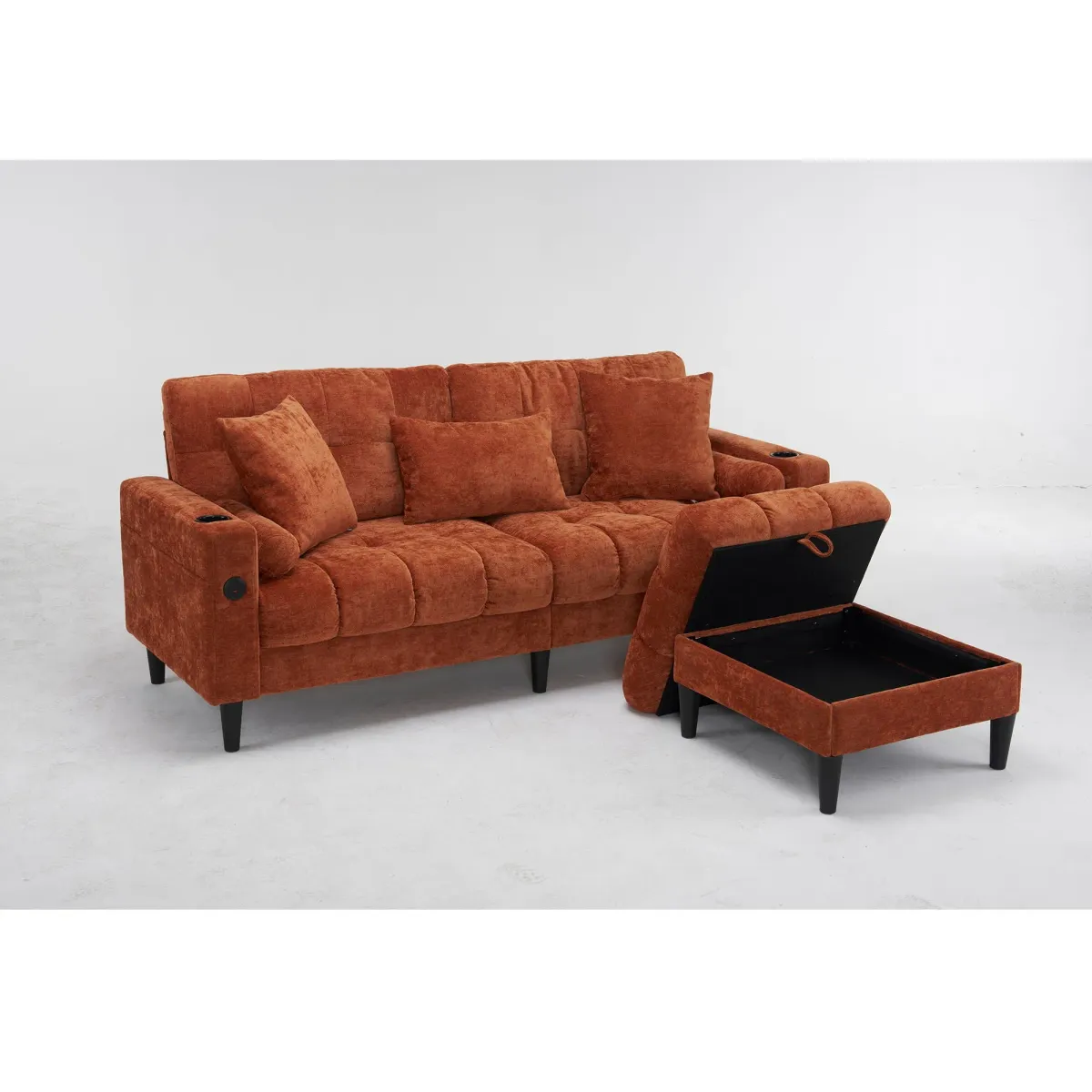3 Seat L-Shaped Chenille Sofa With Removable And Storage Ottoman, Side Storage, And USB / C - Type Charging Ports Sofa For Living Room