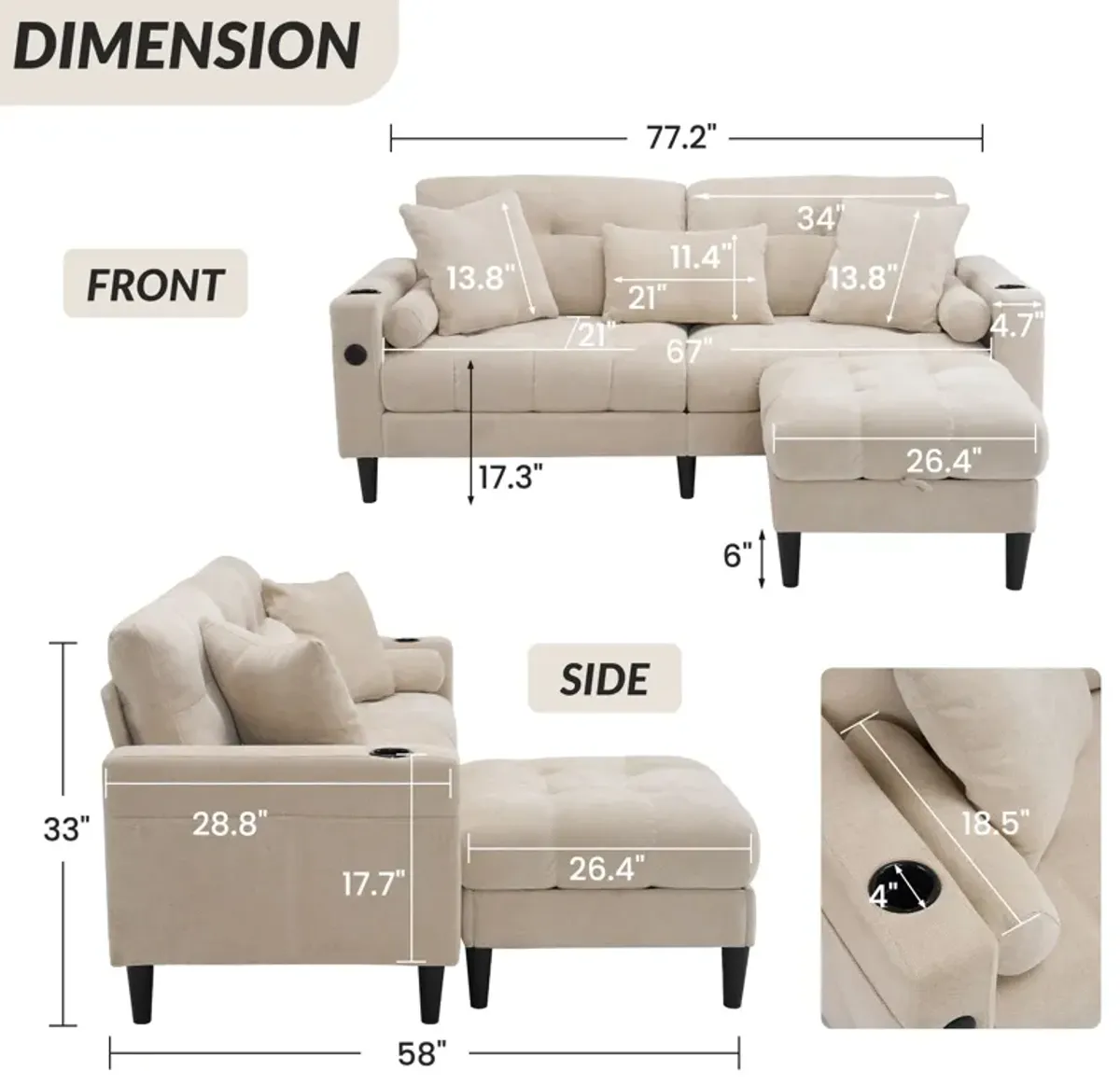 3 Seat L-Shaped Chenille Sofa With Removable And Storage Ottoman, Side Storage, And USB / C - Type Charging Ports Sofa For Living Room