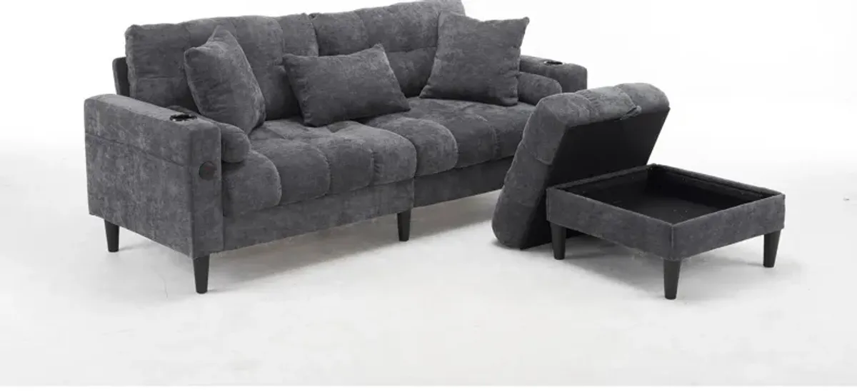 3 Seat L-Shaped Chenille Sofa With Removable And Storage Ottoman, Side Storage, And USB / C - Type Charging Ports Sofa For Living Room