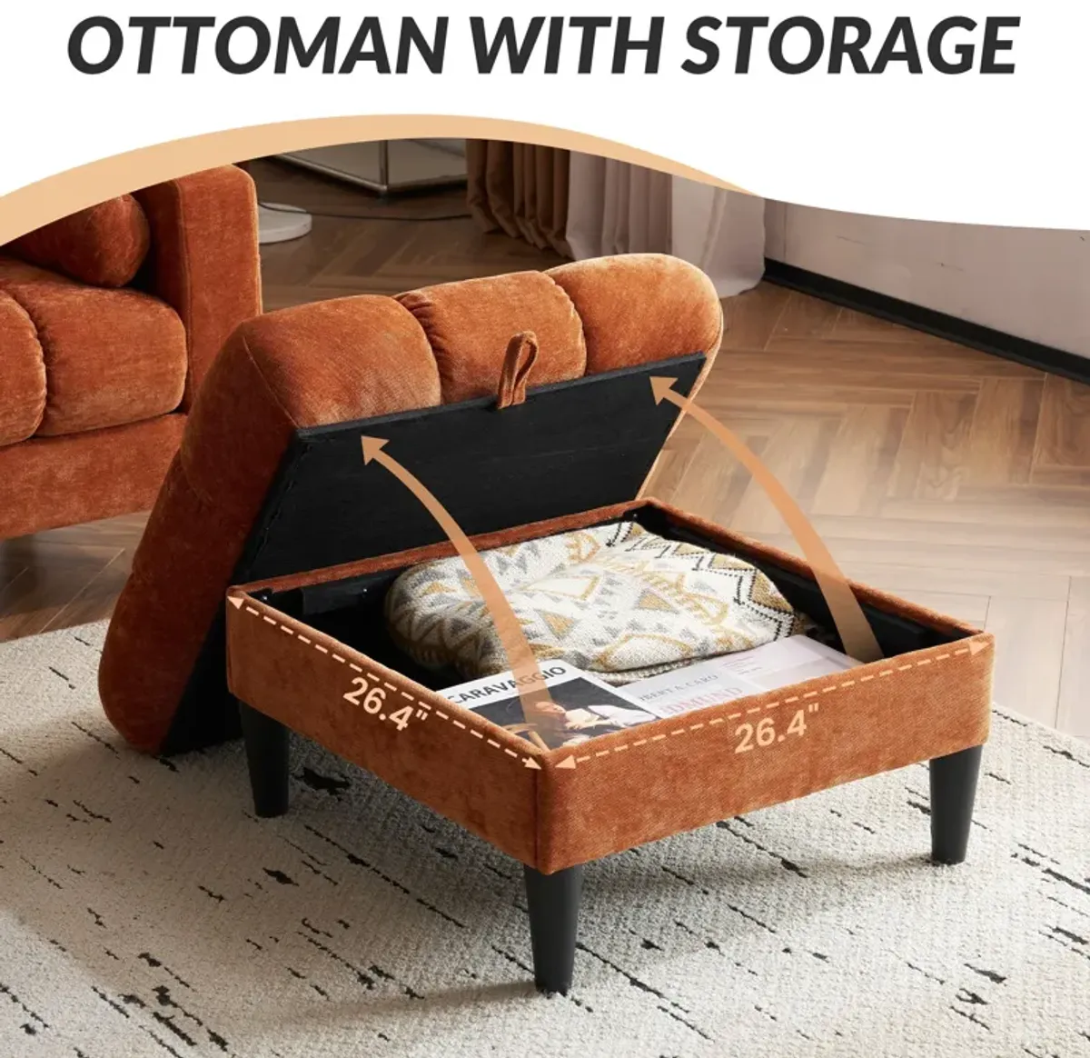 3 Seat L-Shaped Chenille Sofa With Removable And Storage Ottoman, Side Storage, And USB / C - Type Charging Ports Sofa For Living Room