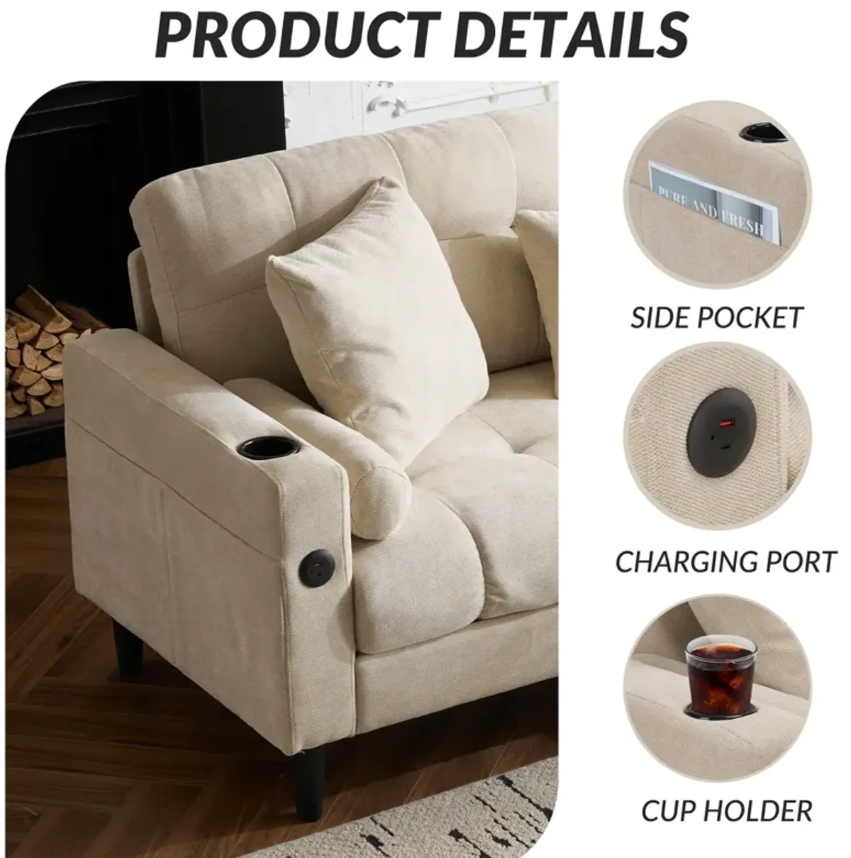 3 Seat L-Shaped Chenille Sofa With Removable And Storage Ottoman, Side Storage, And USB / C - Type Charging Ports Sofa For Living Room