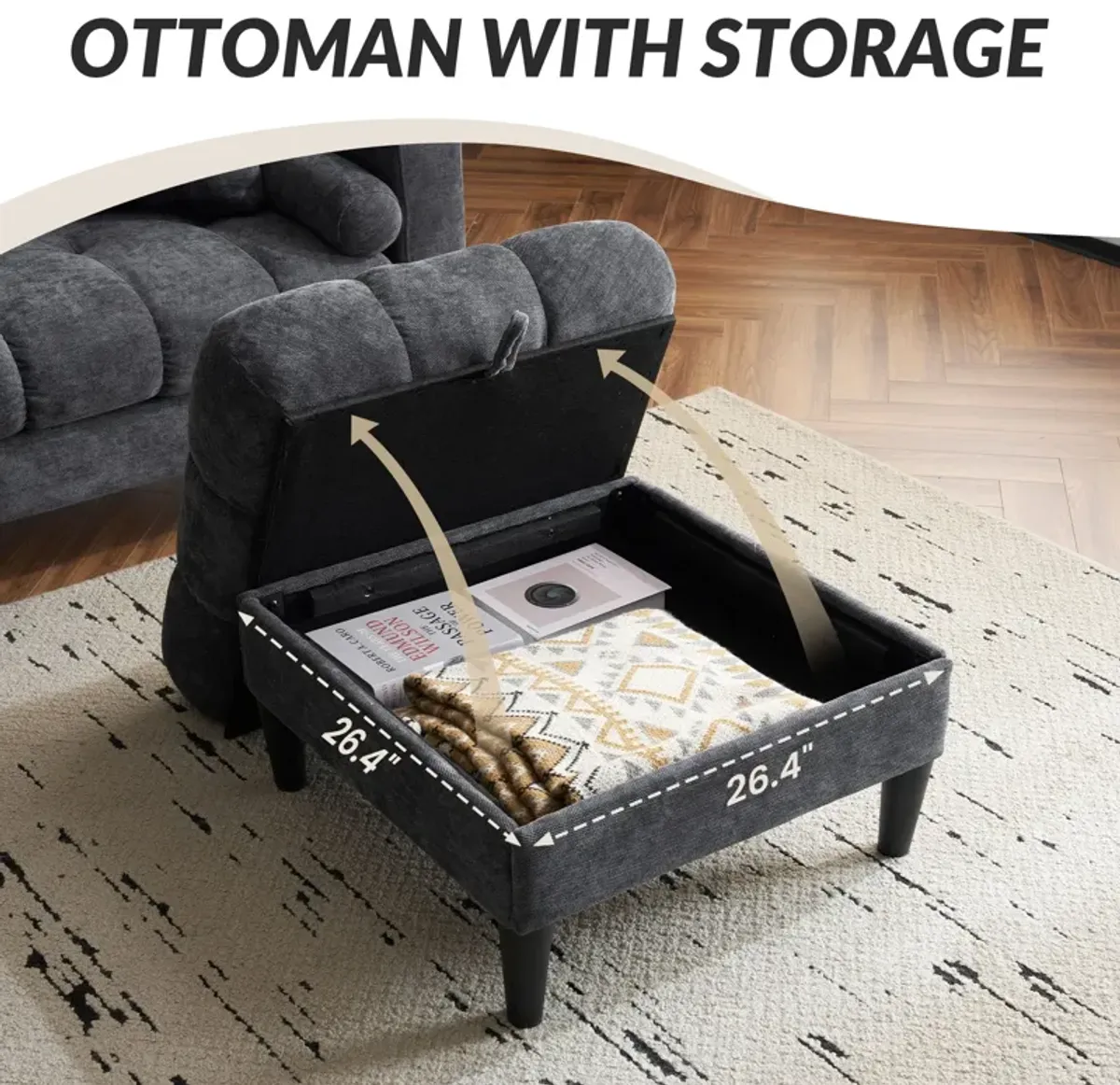 3 Seat L-Shaped Chenille Sofa With Removable And Storage Ottoman, Side Storage, And USB / C - Type Charging Ports Sofa For Living Room