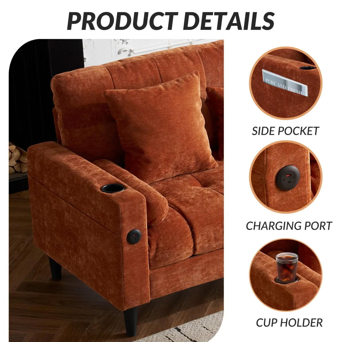 3 Seat L-Shaped Chenille Sofa With Removable And Storage Ottoman, Side Storage, And USB / C - Type Charging Ports Sofa For Living Room