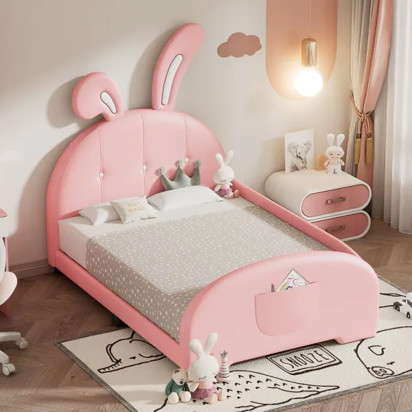 Upholstered Rabbit-Shape Princess Bed With Headboard And Footboard