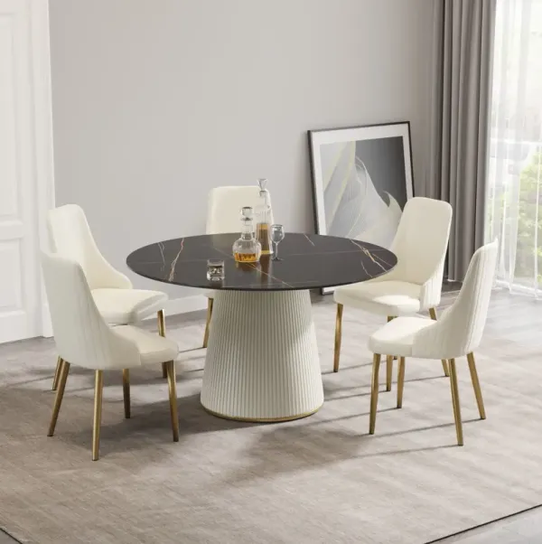 Modern Artificial Stone Round Plywood Base Dining Table, Can Accommodate 6 People, (Not Including Chairs) - Black / Beige