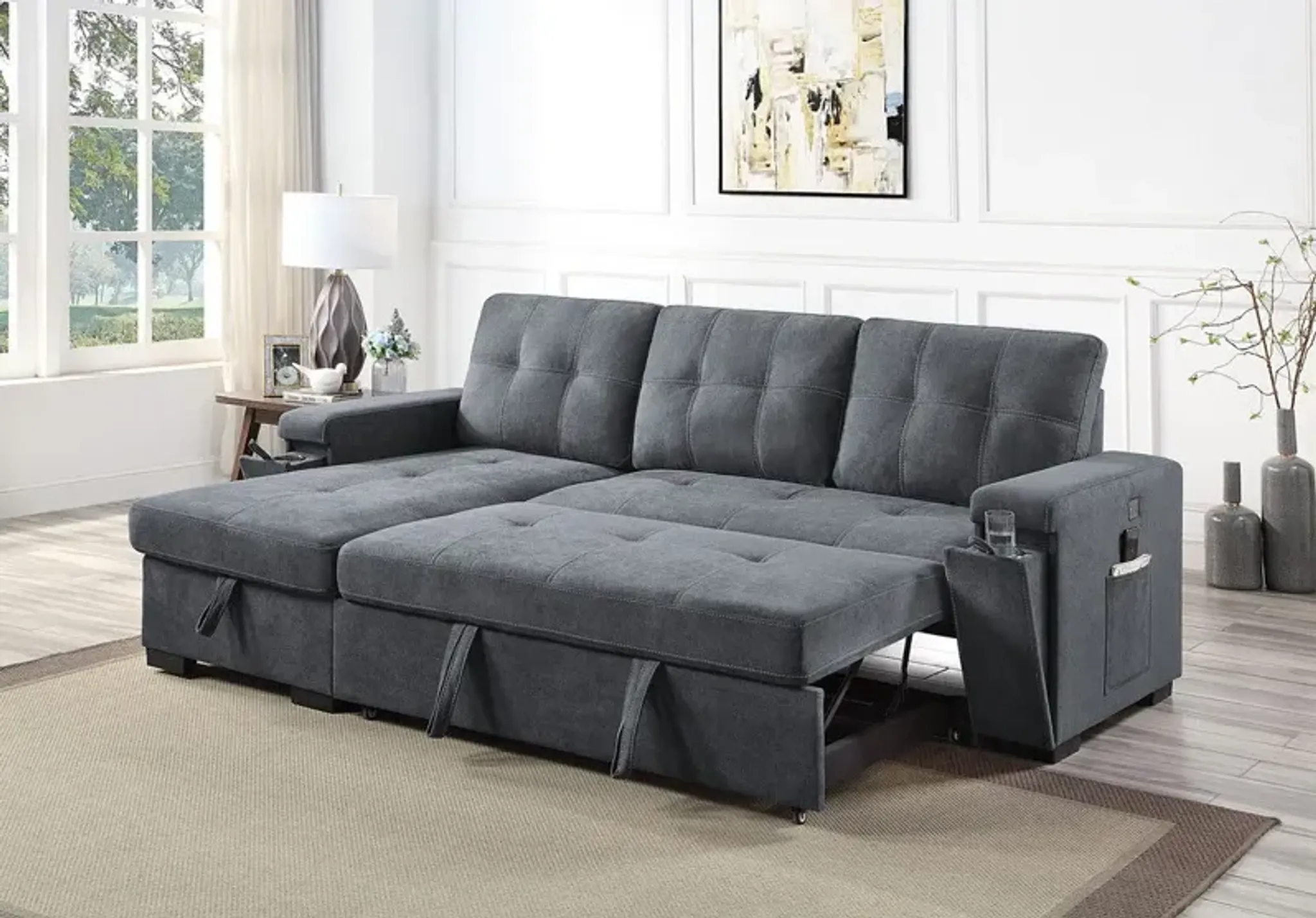 Toby Woven Fabric Reversible Sleeper Sectional Sofa With Storage Chaise ...