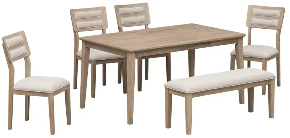 Dining Set Classic And Traditional Style, Includes Dining Table, 4 Upholstered Chairs & Bench