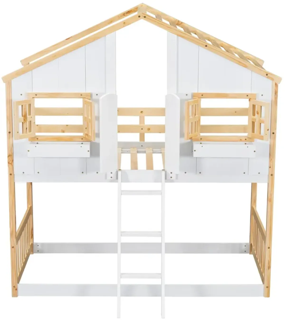 House Bunk Bed With Roof, Window, Window Box, Door, With Safety Guardrails And Ladder