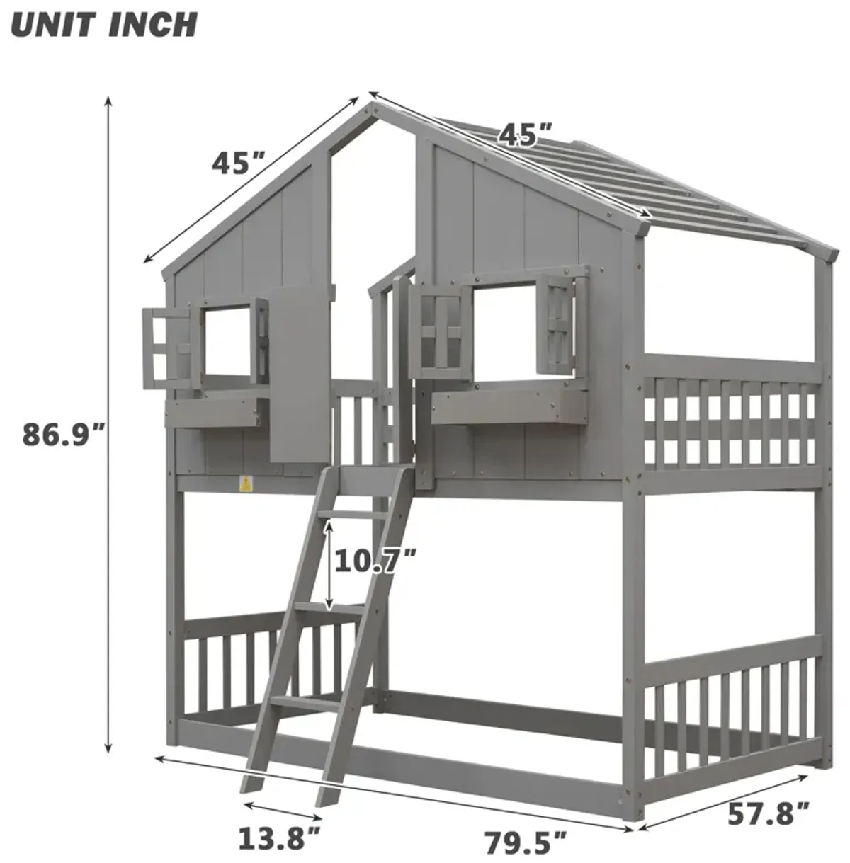House Bunk Bed With Roof, Window, Window Box, Door, With Safety Guardrails And Ladder