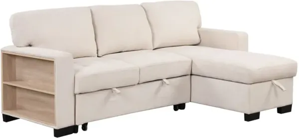 Stylish And Functional Light Chaise Lounge Sectional With Storage Rack Pull-Out Bed Drop Down Table And USB Charger