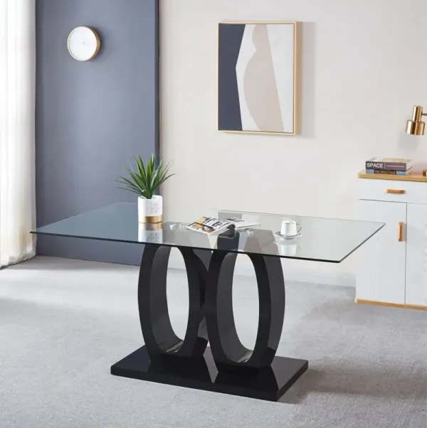 Contemporary Double Pedestal Dining Table, Tempered Glass Top With MDF Base