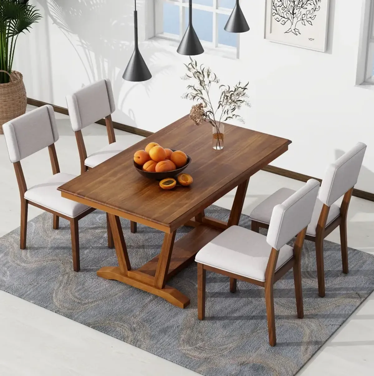 Topmax - 5 Piece Rustic Dining Table Set With 4 Upholstered Chairs, Rectangular Dining Table With Trestle Table Base